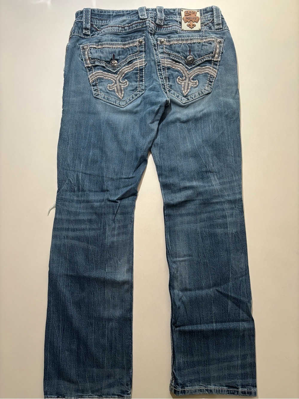 Rock revival red stitching straight leg Y2K faded grunge distressed jeans